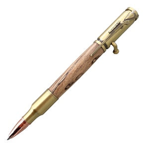 Picture showing a rifle pen for the collection of 30 caliber pen made by Paul’s hand turned creations.  This is on a brass trim with light wood. 