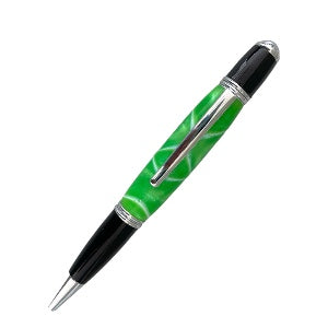 The picture shows a hand turned Gatsby pen for the collection.  It is made with green and white swirl resin with a black and silver trim.  Hand turned by Paul’s hand turned creations. 