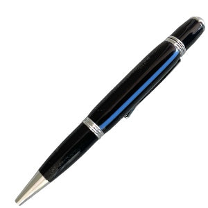 Picture of a hand turned pen for law enforcement or first responders with a blue line on a black barrel and chrome trim and made by Paul’s hand turned creations. 