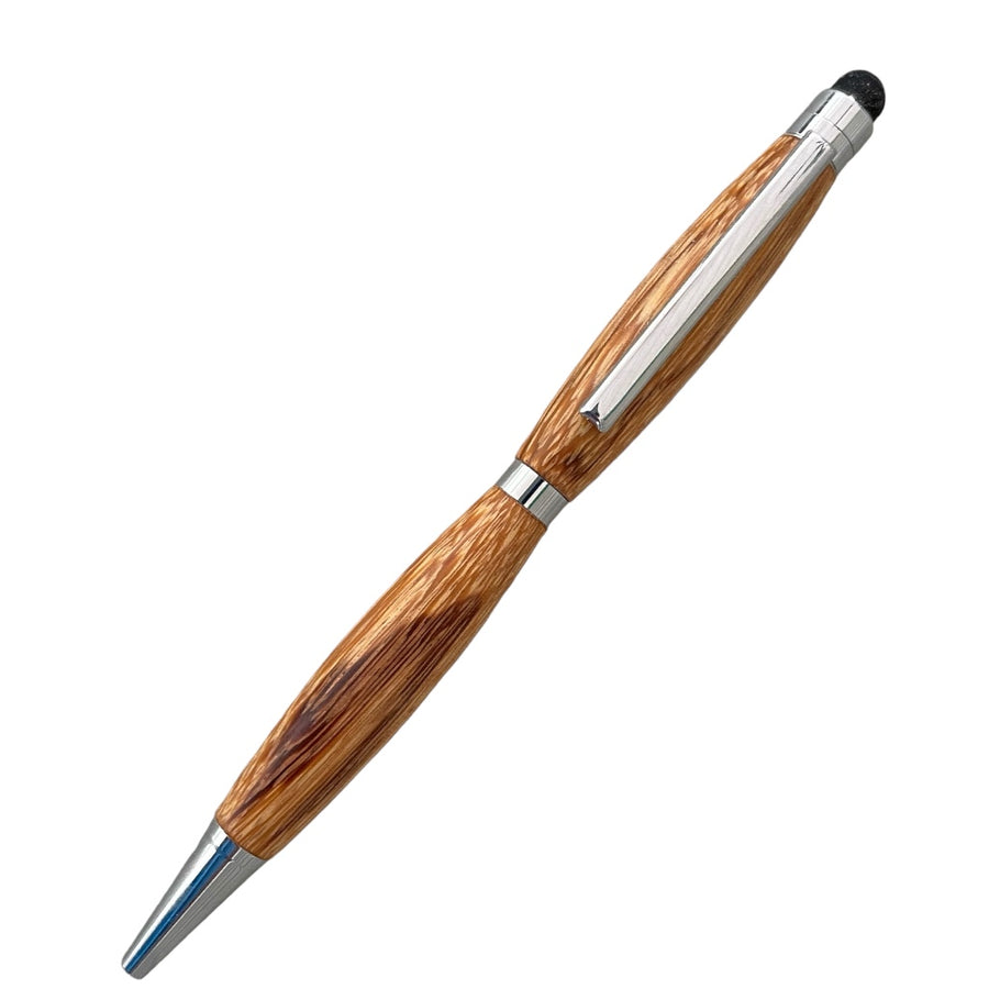 This picture is of a hand turned stylus pen on a white background made by Paul's Hand Turned Creations is a handcrafted wooden pen featuring a polished finish, complete with a metal clip and tip, and stylus up top. 