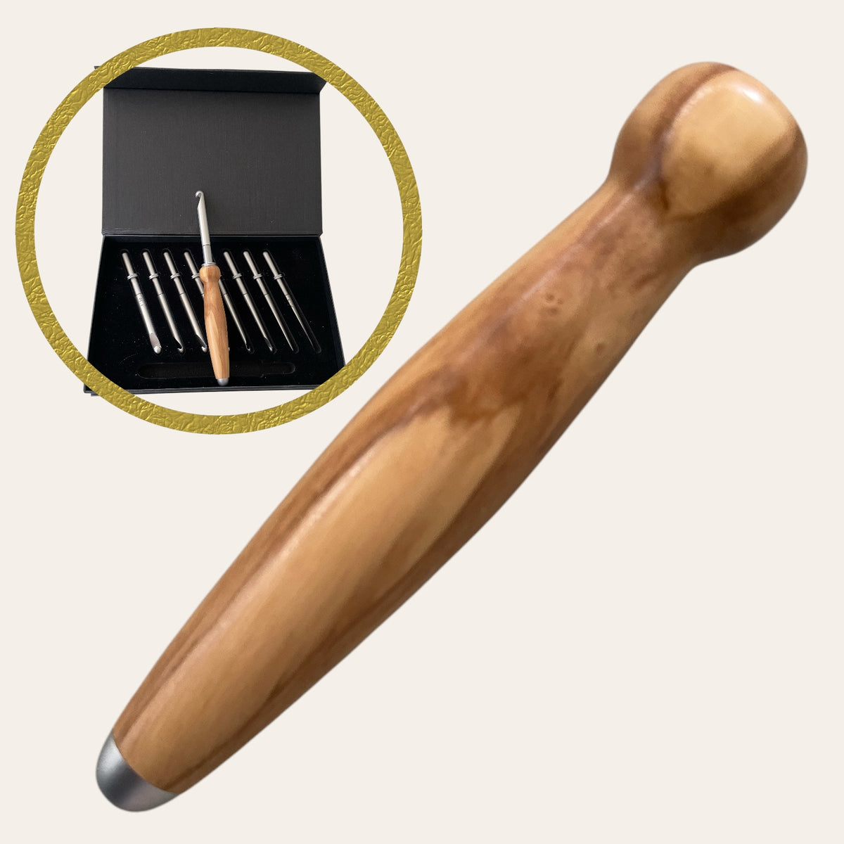 Bethlehem olive wood handle with 9 interchangeable crochet hooks; metal tip; beige background.