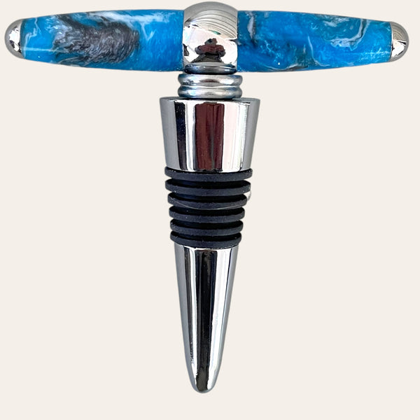 Bluebird Resin Hand Turned T-Handle Winetopper Corkscrew by Paul's Hand Turned Creations, featuring a chrome stopper with black rubber rings and a blue and silver resin handle.