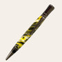 The Resin Executive Pen With Gun Metal Trim- Bumblebee by Paul's Hand Turned Creations showcases handcrafted excellence with its vibrant yellow and black swirl design. Featuring a durable metal tip and clip, this hand-turned twist pen is a testament to fine craftsmanship, offering both style and the convenience of being refillable for long-lasting use.