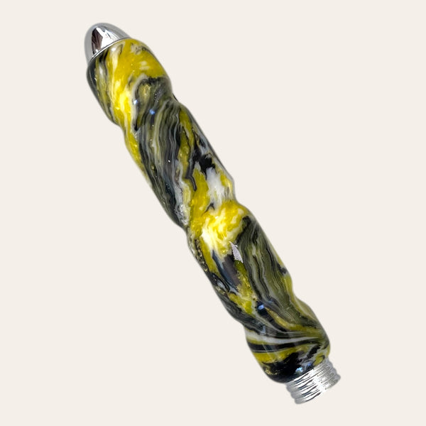 Bumblebee resin tweezer case by Paul's Hand Turned Creations, features swirling yellow, black, and white resin. 