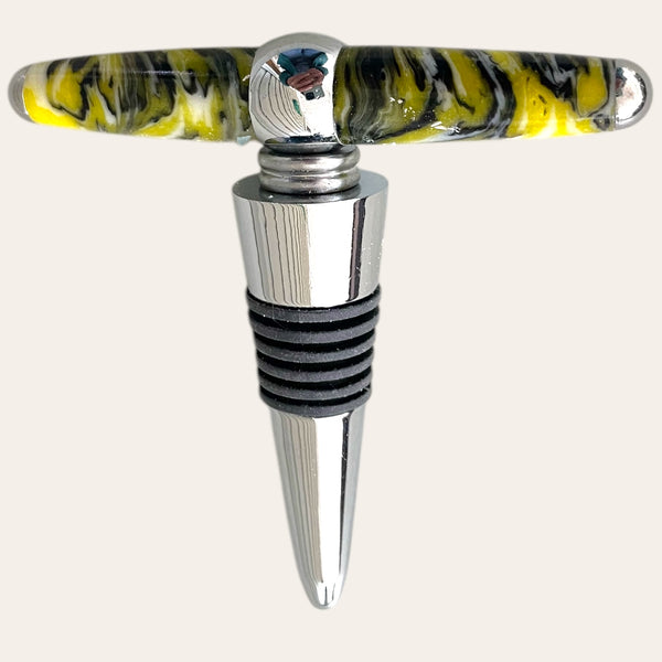 Handmade Bumblebee corkscrew by Paul's Hand Turned Creations, with marbled yellow/black handle and metal tip.