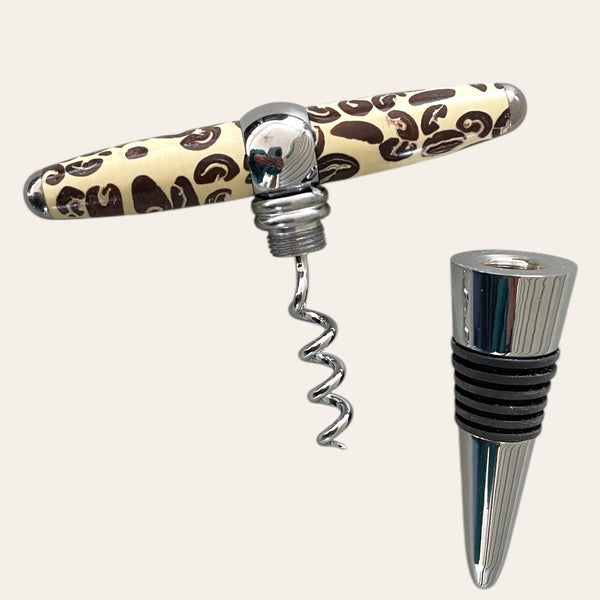 Coffee Bean Wine Topper with built in Corkscrew:  Turned using coffee bean resin , metallic stopper with black rings.
