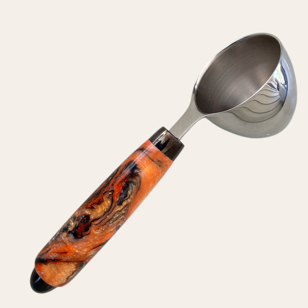 Hand Turned Resin Coffee Scoop by Paul's: colorful orange & black swirled handle.