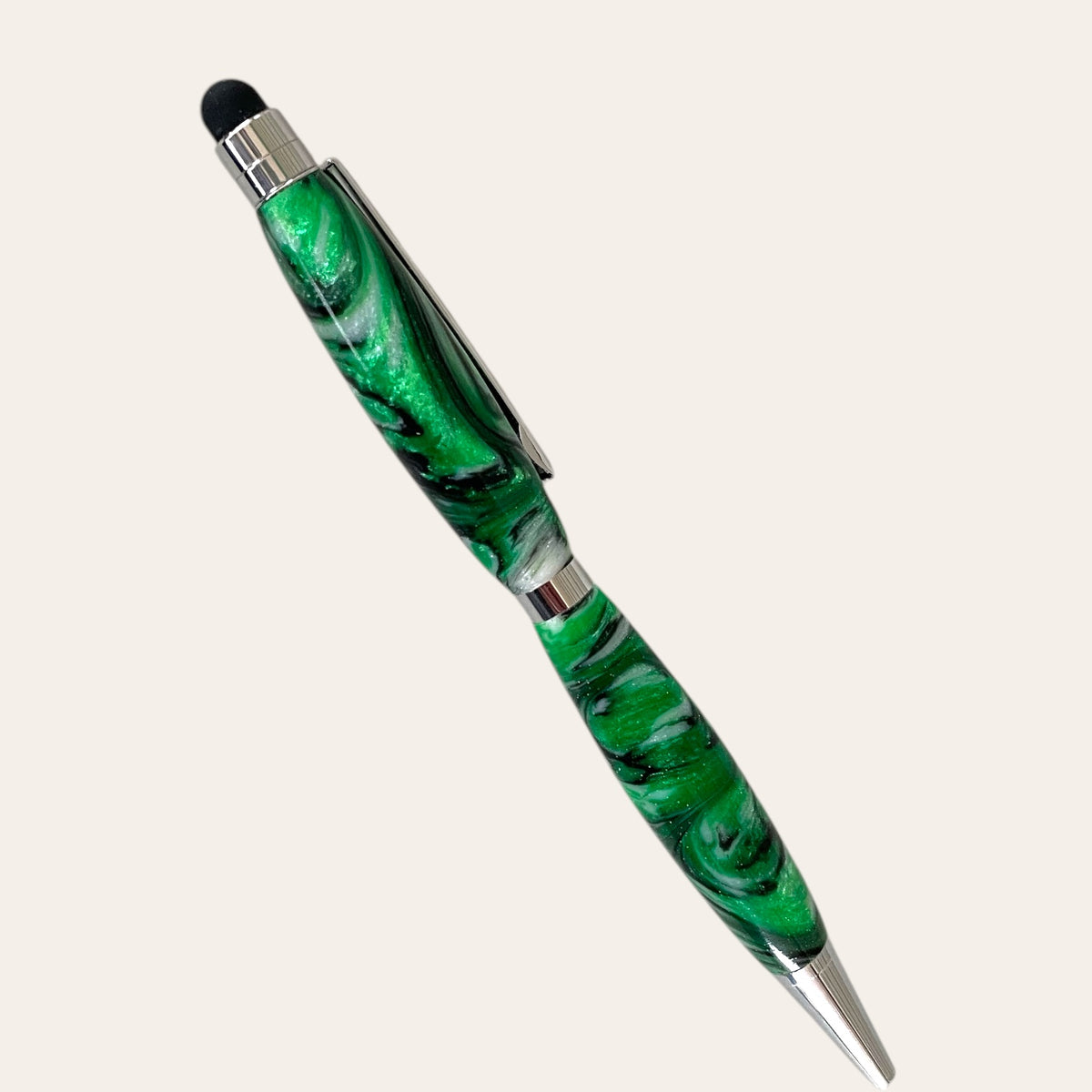 Evergreen Forest Resin Stylus Pen by Paul's, Chrome Trim & Black Tip on Plain Background.