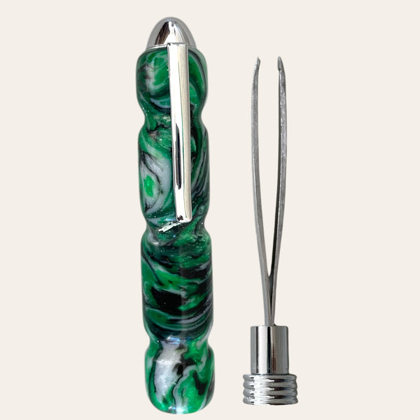 Paul's Hand Turned Creations' resin case with detachable tweezers, resembling a fountain pen.