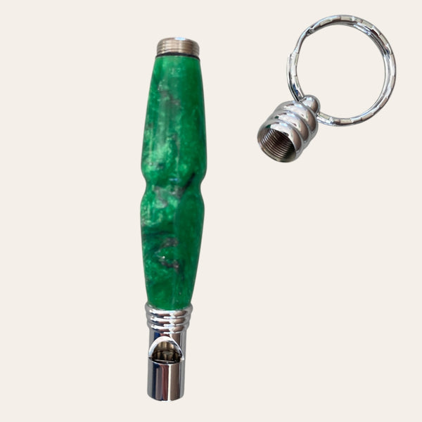 Green keychain with secret compartment and safety whistle by Paul's Hand Turned Creations.