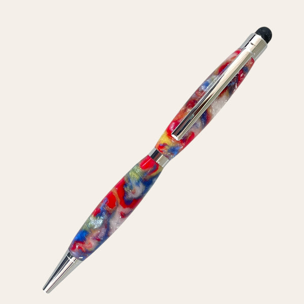 Groovy Resin Refillable Stylus Pen by Paul's: Chrome Trim, marbled body, metal clip.