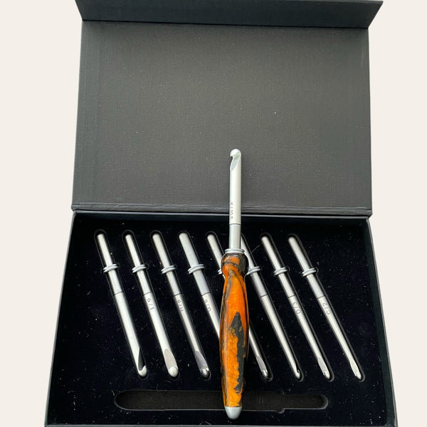 Hand Turned Resin Crochet Handle with Nine Interchangeable Hooks - Sunset Blaze