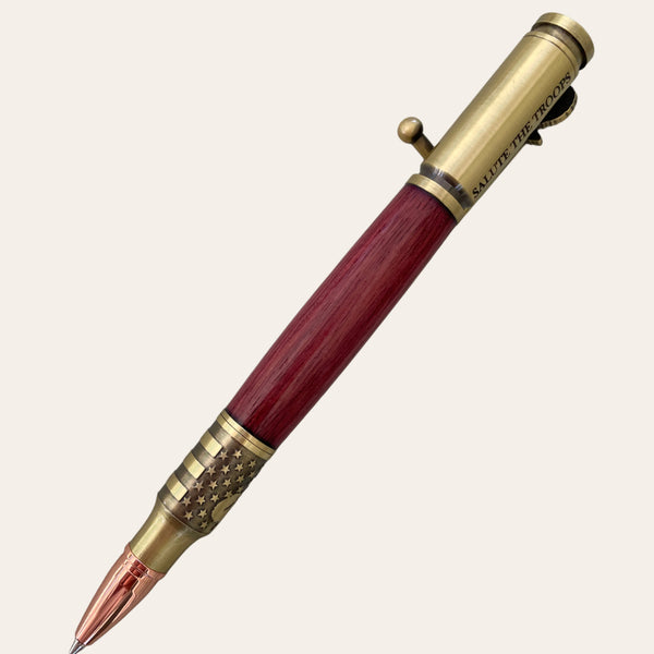 Salute The Troops Bolt Action Hand Turned Pen with Purpleheart Wood