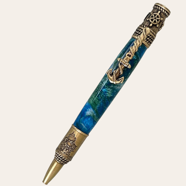 Nautical Theme Hand Turned Pen With Antique Brass Trim- Under The Sea