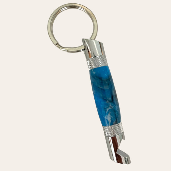 Chrome Hand Turned Bottle Opener Resin Keychain- Bluebird