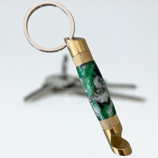 Brass Hand Turned Bottle Opener Keychain- Evergreen Forest