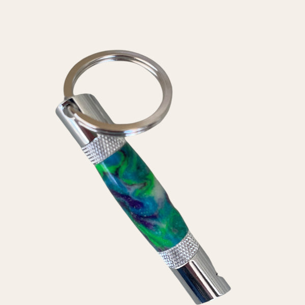 Chrome Hand Turned Bottle Opener Resin Keychain- Peacock