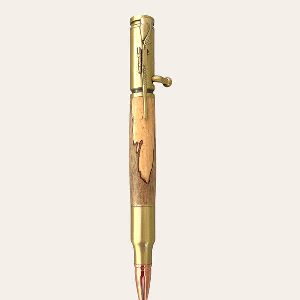 30 Caliber Rifle Bolt Action Pen with Antique Brass - Spalted Tamarind