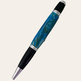 A close-up image of the luxury Paul's Hand Turned Creations Gatsby Pen- Under The Sea With Chrome Trim, featuring a blue marbled midsection, black accents on the cap and tip, and silver-colored trim. The pen boasts a sleek design with handcrafted unique elements, showcasing its high-quality craftsmanship.