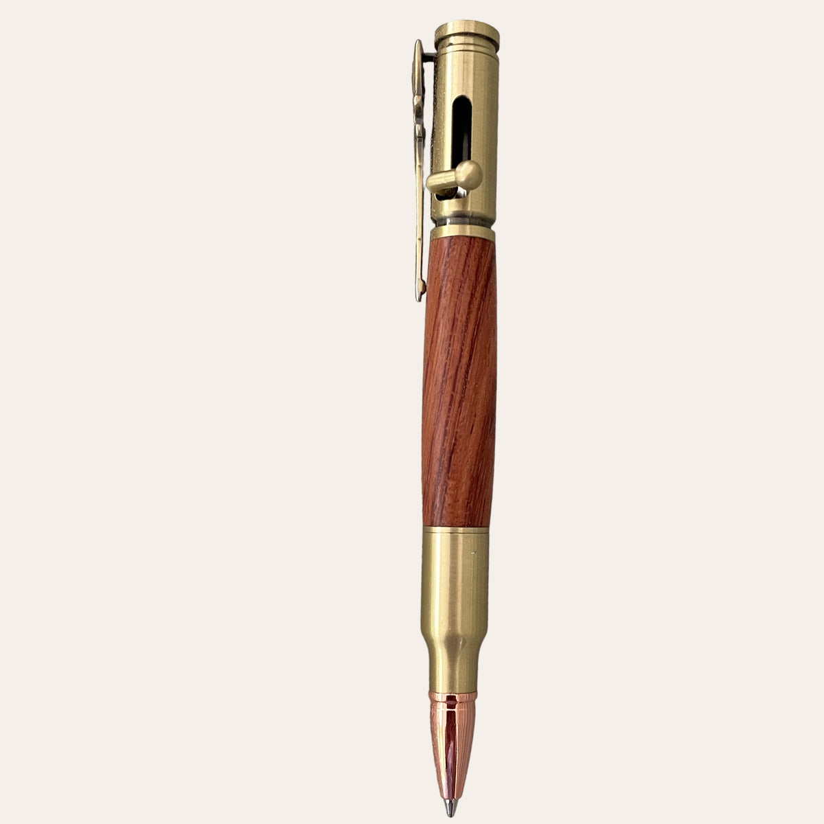 Bubinga Wood 30 Caliber Rifle Bolt Action Pen with Antique Brass Trim