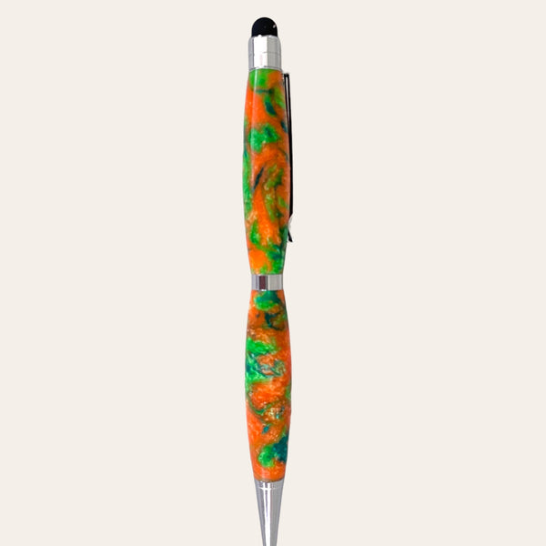 Introducing the Resin Refillable Stylus Pen Chrome Trim - Harmony from Paul's Hand Turned Creations, a vibrant, handmade lathe-turned pen with an orange, green, and yellow marbled design. This stylus pen features a silver tip and a clip on its barrel. The top part of the pen has a black stylus, suitable for use with touchscreen devices.