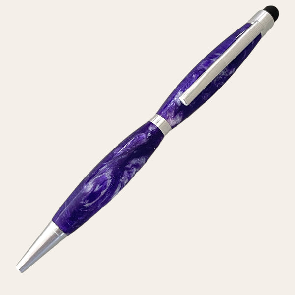 Introducing the Resin Refillable Stylus Pen Chrome Trim - Purple Passion by Paul's Hand Turned Creations. This stylish, handmade lathe-turned pen features silver chrome accents and a mesmerizing swirling marbled pattern. It comes equipped with a convenient clip on one side and a touch stylus tip on the opposite end. Crafted with meticulous attention to detail, this elegant creation has a light solid color background perfect for those who appreciate both form and function.