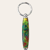 Introducing the Small Resin Keychain - Mysterious by Paul's Hand Turned Creations: This petite keychain features a metal ring and a vibrant, handcrafted handle with swirls of green, yellow, blue, and red hues. The colorful marbled design gives the handle an artistic and eye-catching appearance. The shiny, reflective finish on the metal components enhances its unique charm.