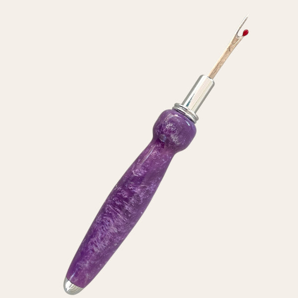 Lilac Hand Turned Resin Seam Ripper by Paul's Creations on a white background.