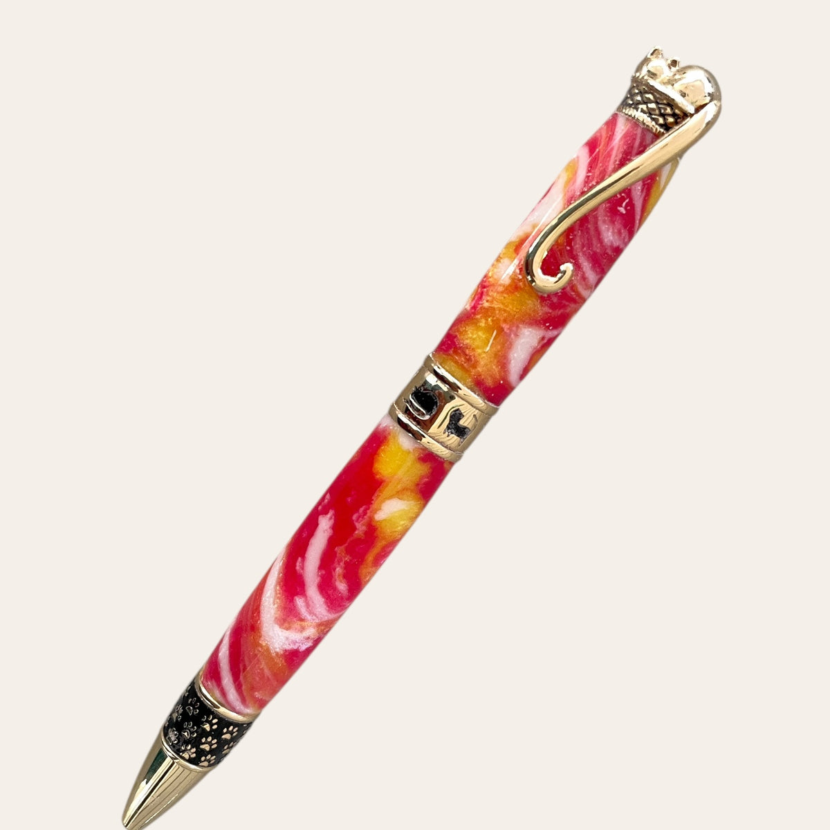 Paul's Lotus Flower Cat Pen: Hand-turned, gold trim, red-yellow swirls, intricate detailing.