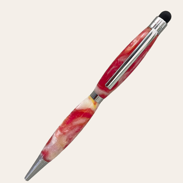 Introducing the Resin Refillable Stylus Pen Chrome Trim - Lotus Flower by Paul's Hand Turned Creations. This handcrafted pen, featuring a stylish curvy red and cream swirl design with chrome accents, includes a refillable black stylus tip on the top end, making it perfect for both writing and touch screen use.