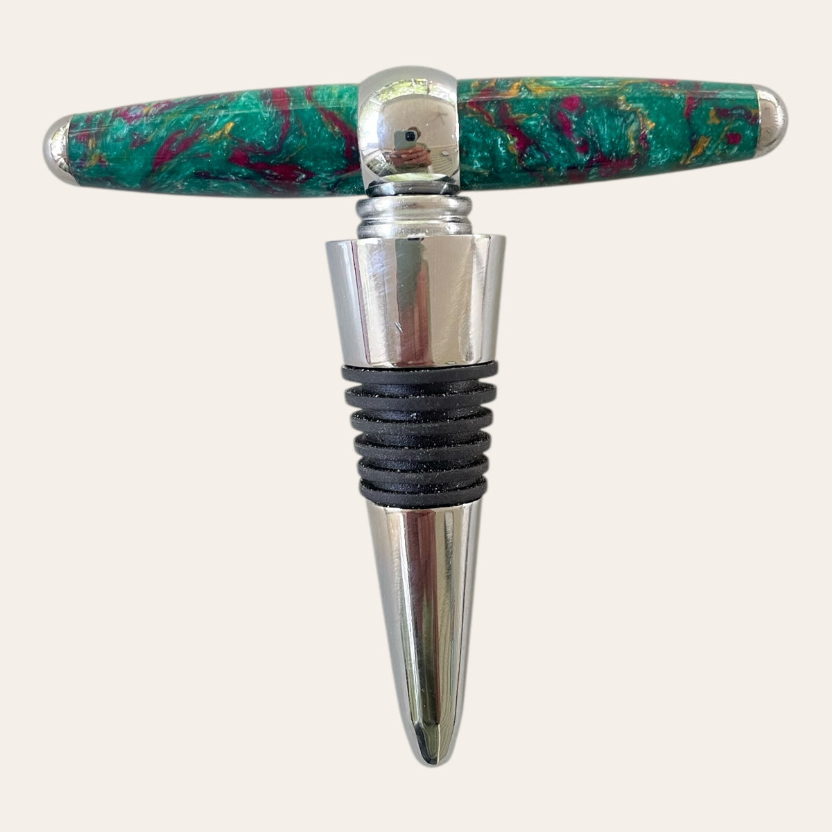 Mystical resin T-handle winetopper by Paul's Hand Turned Creations with corkscrew.