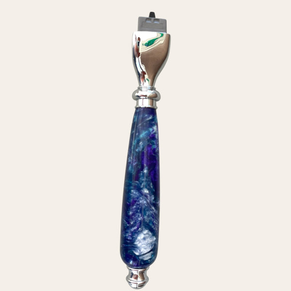 Elegant blue and silver "Nightfall" Mach 3 razor by Paul's Hand Turned Creations.