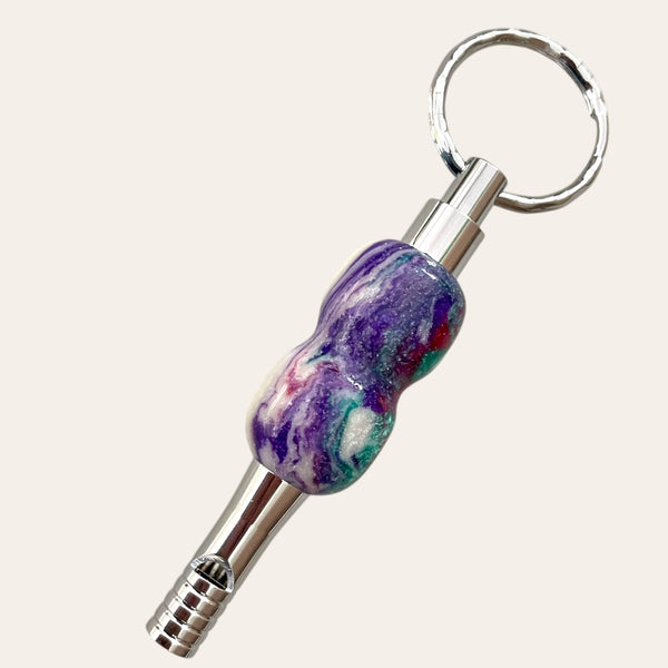 Purple marbled resin key chain with safety whistle, by Paul's Hand Turned Creations.