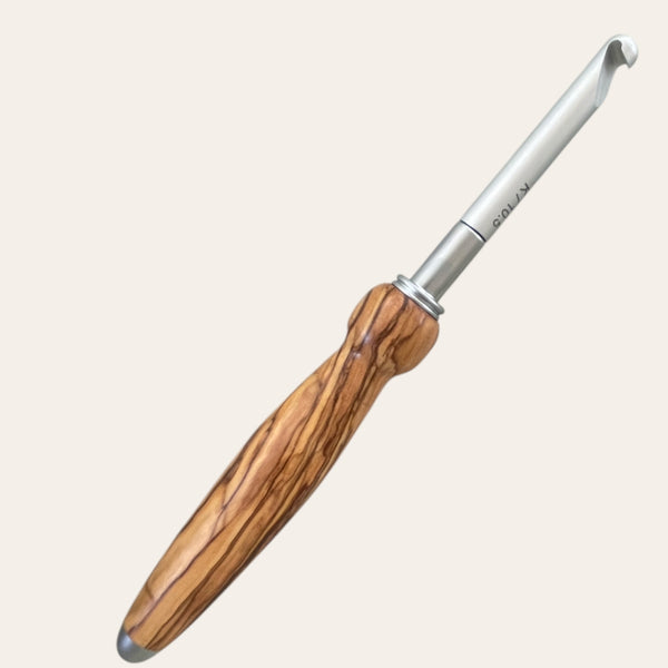 Exotic Bethlehem Olive Wood Crochet Handle with Nine Hooks- Black Pouch