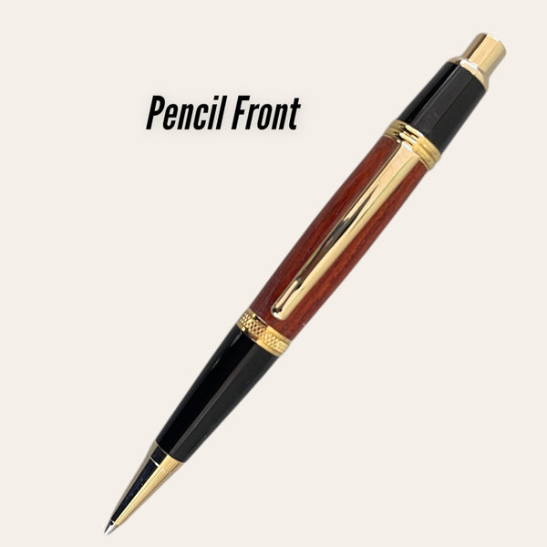 Handmade Gatsby pencil in Padauk wood with gold accents and black grip by Paul's Hand Turned Creations.