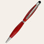 The Padauk Wood Refillable Stylus Pen Chrome Trim from Paul's Hand Turned Creations is a beautifully crafted wooden ballpoint pen featuring a rich reddish-brown hue. It boasts chrome accents at the tip, clip, and center. This handmade lathe-turned pen has a tapered, ergonomic design and includes a black stylus tip on the end opposite the writing point. The background is a plain, off-white color.