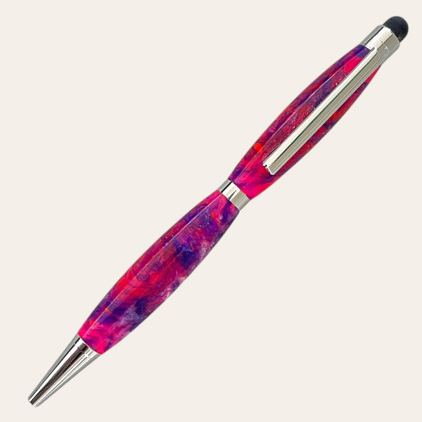 Paul's Hand Turned Creations' Razzle Dazzle, dual-ended stylus pen with chrome trim. using purple and pink resin. 