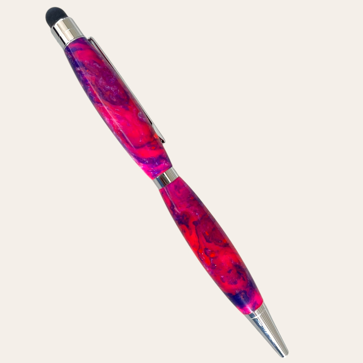 Razzle Dazzle refillable pen: pink/purple marbled, chrome accents, stylus tip by Paul's Hand Turned Creations.