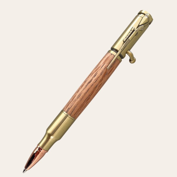 30 Caliber Rifle Bolt Action Pen with Antique Brass - Red Oak