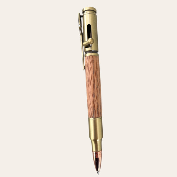 30 Caliber Rifle Bolt Action Pen with Antique Brass - Red Oak