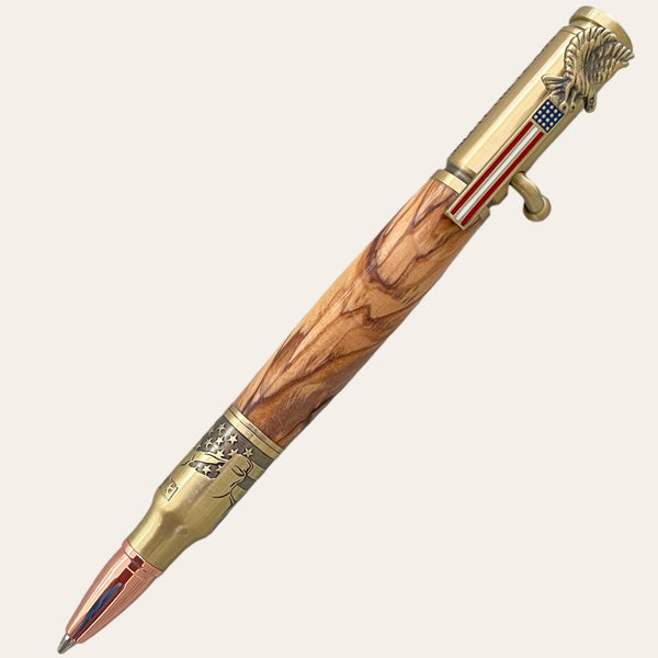 Salute The Troops Bolt Action Hand Turned Pen with Bethlehem Olive Wood Pens Paul's Hand Turned Creations
