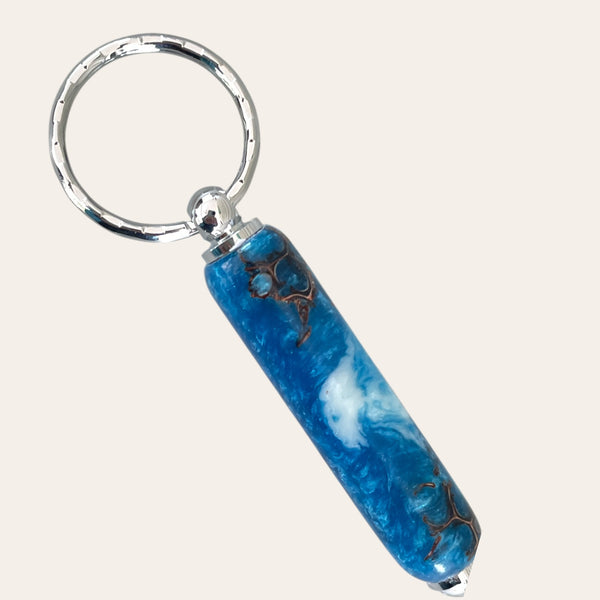 Sweet Gum Pod Resin Keychain by Paul's Hand Turned Creations: Blue, White & Brown Swirls, Silver Ring.