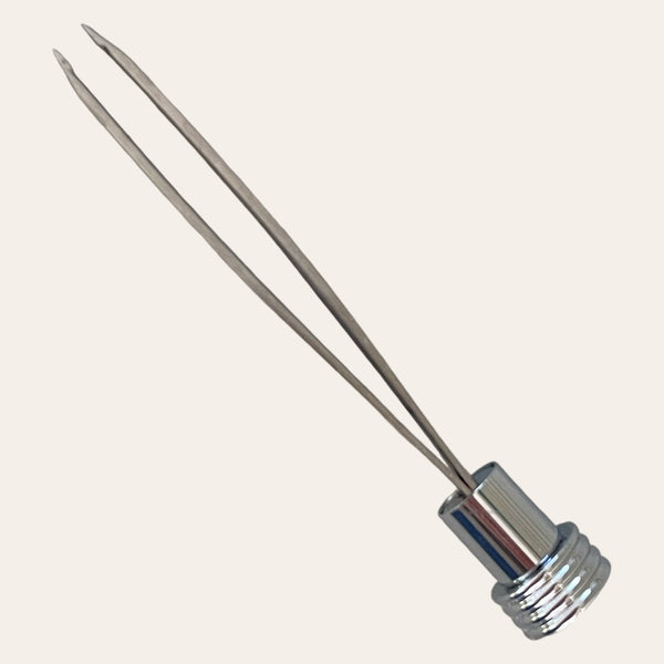 Paul's Creations Lotus Tweezer: Hand-turned steel with two prongs, threaded base.