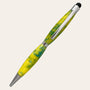 Introducing the Resin Refillable Stylus Pen Chrome Trim - Sunbeam by Paul's Hand Turned Creations. This smooth, colorful stylus pen features a mesmerizing yellow and green marbled design. It is equipped with a chrome clip and tip, along with a black stylus tip on the end, perfect for use with touchscreen devices.