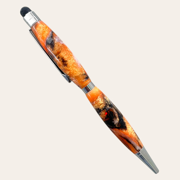 Tiger Resin Stylus Pen by Paul's Hand Turned Creations with Chrome Trim, Marbled Orange & Black.