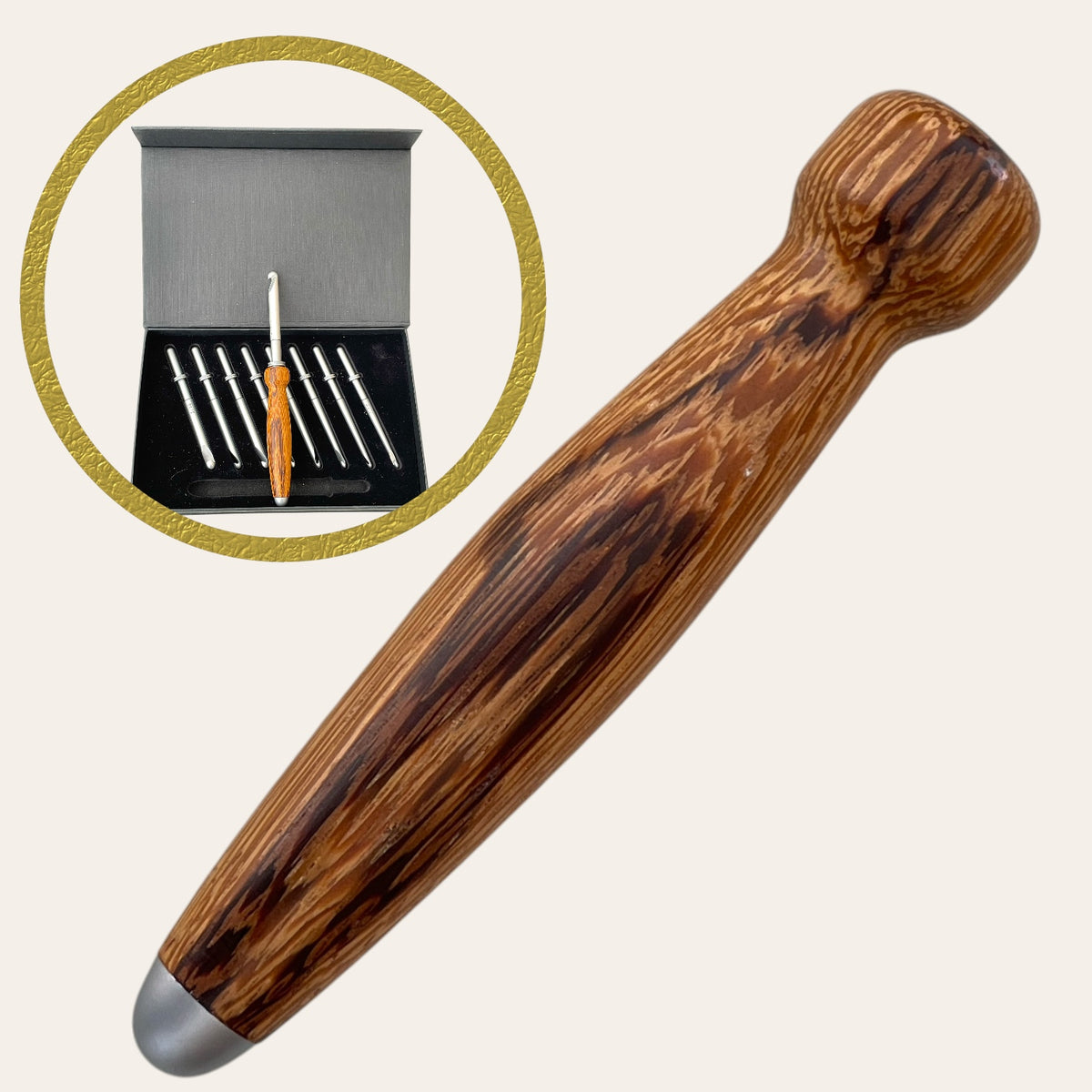 Paul's Zebrawood crochet handle with hooks; drill bits set in a black case nearby.