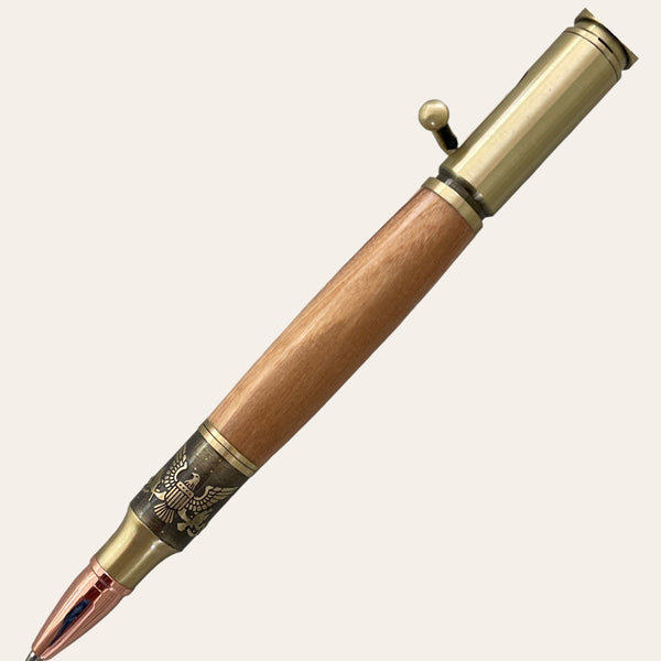 Back of Bald eagle hand turned refillable pen on bethlehem olivewood. Paul's Hand Turned Creations