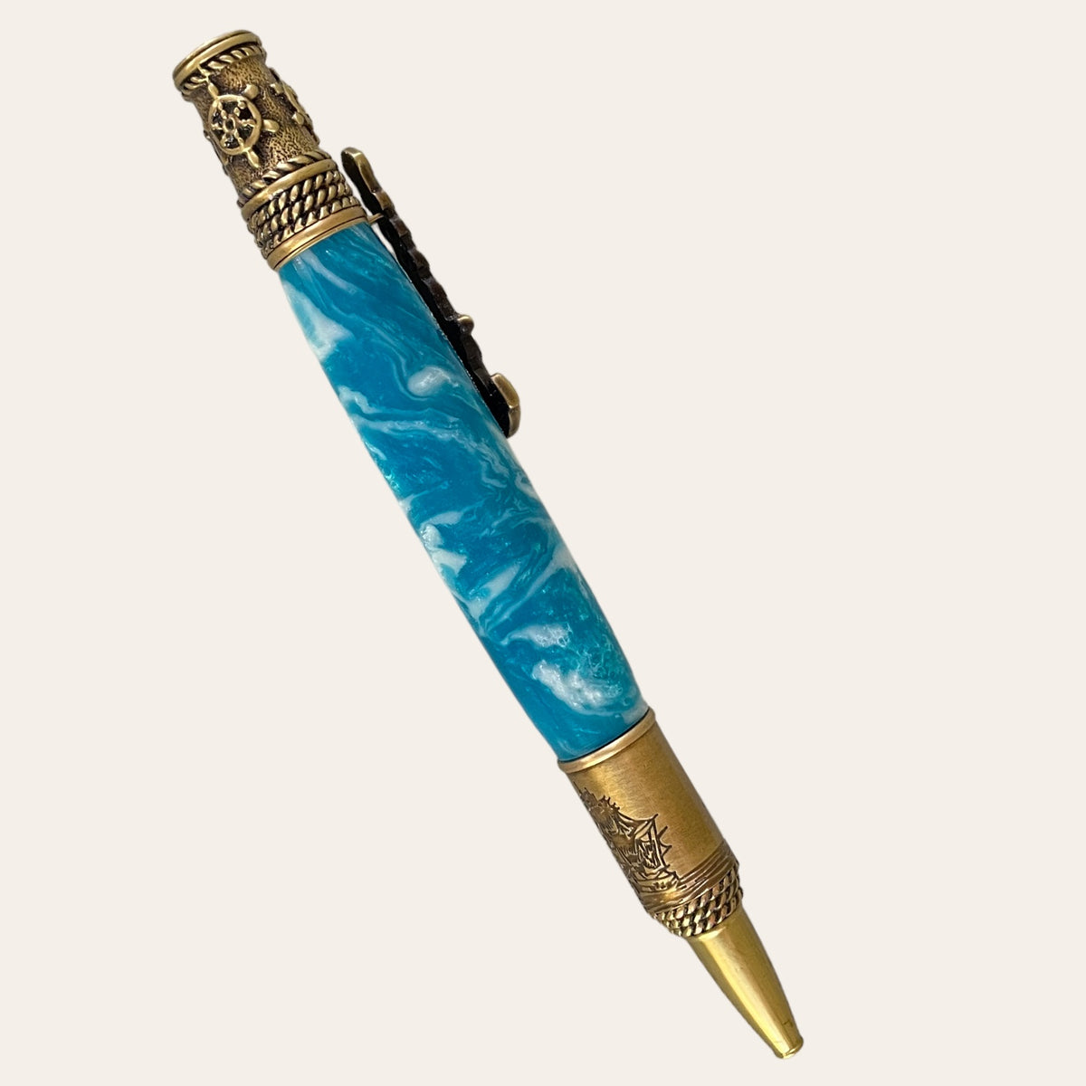 Nautical Theme Hand Turned Pen With Antique Brass Trim- Blue Sky Pens Paul's Hand Turned Creations   