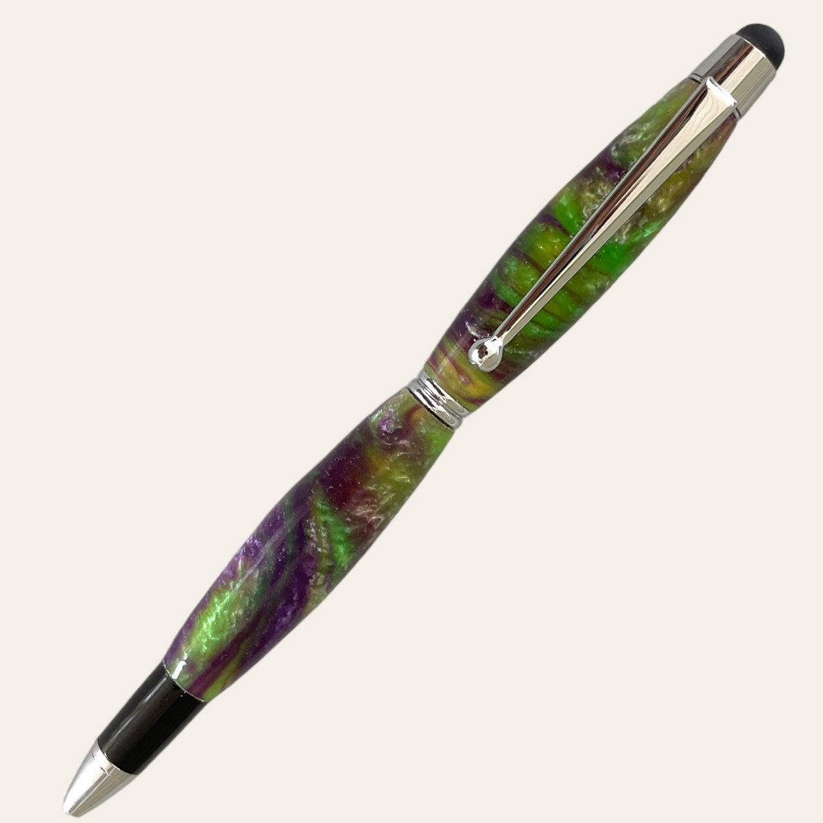 Stylus refillable pen made with resin with purple and lime coloring on a chrome trim. Paul's Hand Turned Creations