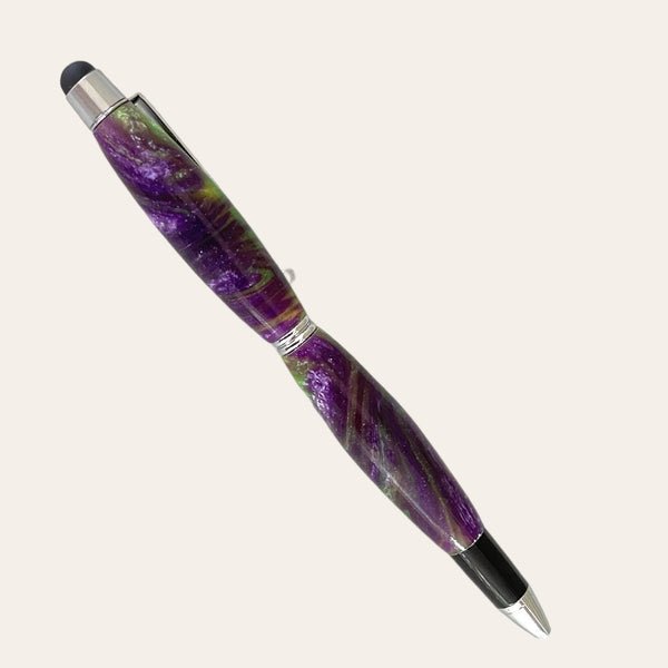 Resin hand turned pen made with purple and lime green on a stylus pen. Paul's Hand Turned Creations